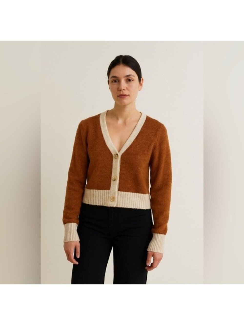 YES/LOLA Brown & Cream Button-Up Cropped Cardigan – Women’s XS